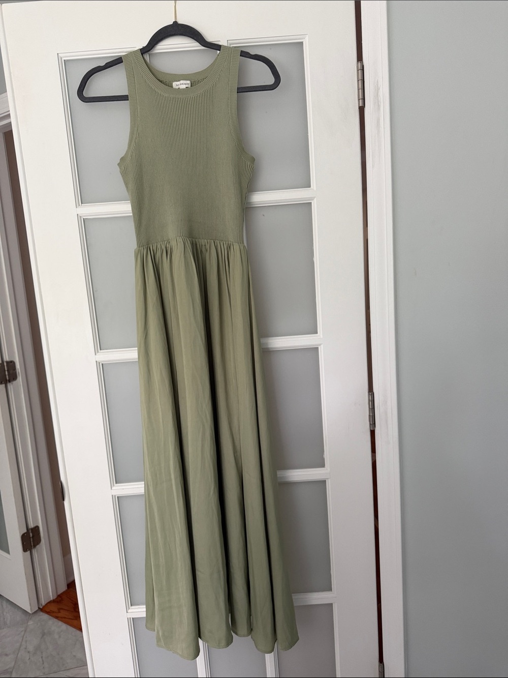 Blu Pepper Ribbed Crewneck Silk Skirt Dress in Sage Green